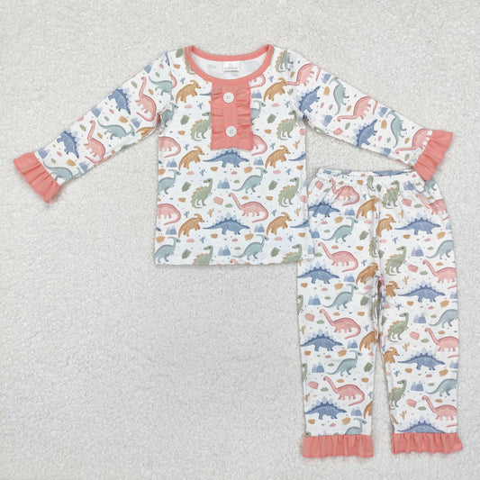 GLP1969 Dinosaur Ruffle Pink White Long Sleeve Pants Pajamas Girls Set  RTS 202509