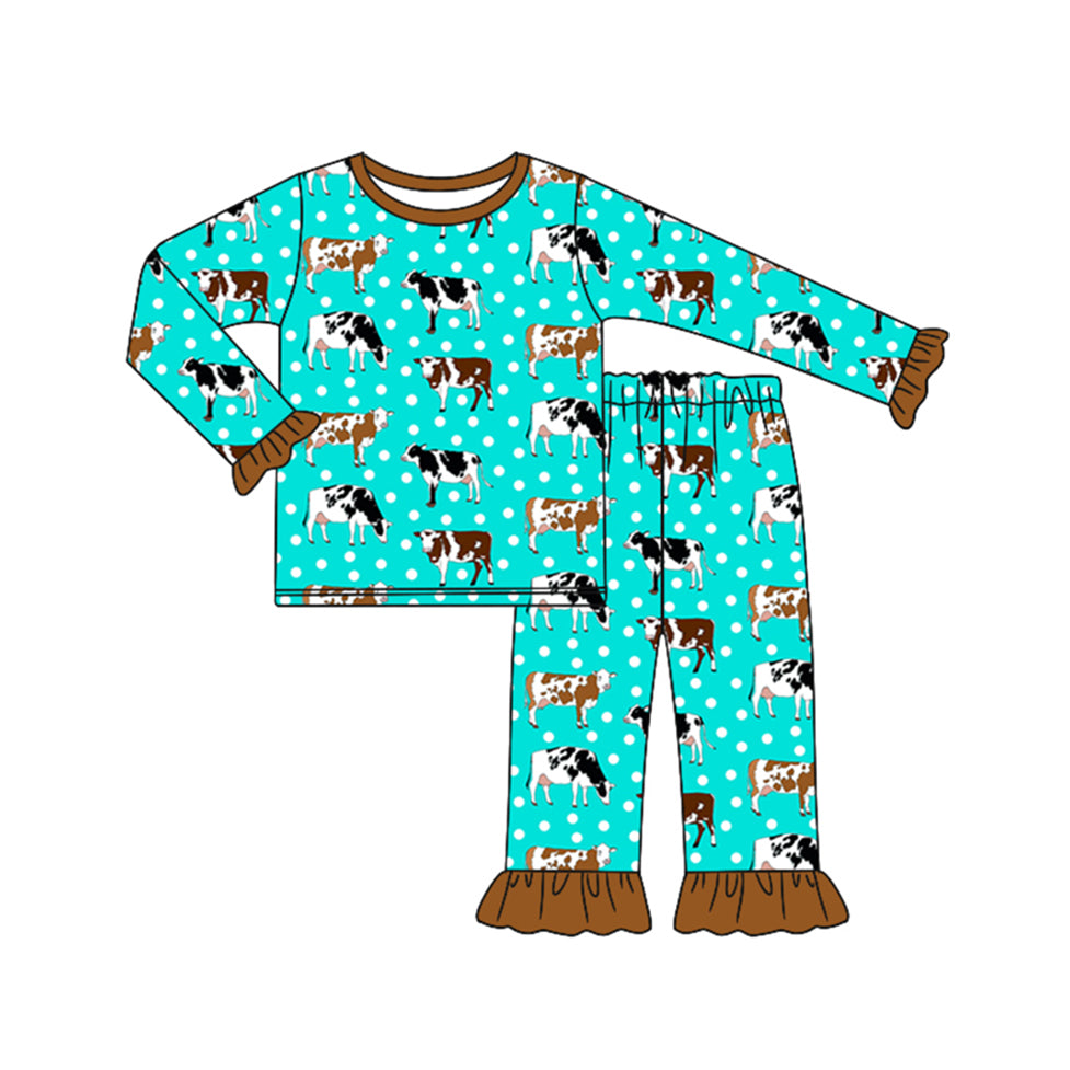 Preorder GLP1974 Milk cow polka dot brown lace long sleeve trousers pajama set