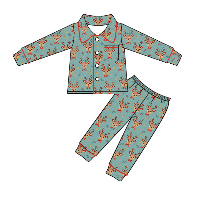 Preorder GLP1997 Christmas Deer Stars Pocket Green Long sleeve trousers pajama set High quality