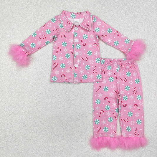 GLP2025 Christmas Snowflake Pink Plush Border Long Sleeve Pants Pajamas Girls Set RTS 202509