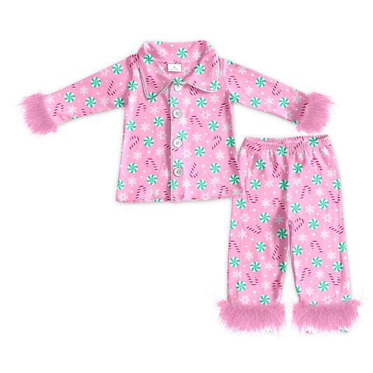 Preorder GLP2028 Adult female crutch Snowflake pink plush border long sleeve trousers pajamas set high quality