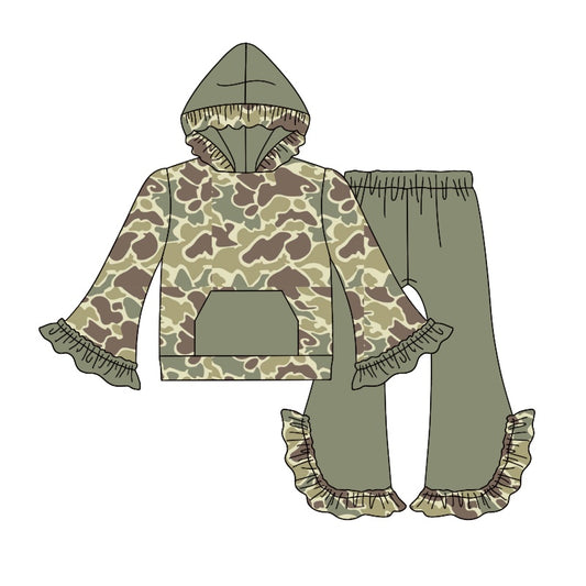 Preorder GLP2029 Pocket camo brown and green lace hooded long sleeve pantsuit