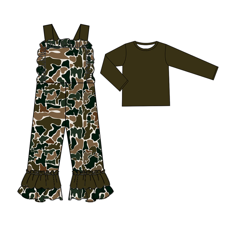 Preorder GLP2035 Solid color dark brown long sleeve camouflage beige lace strap jumpsuit set