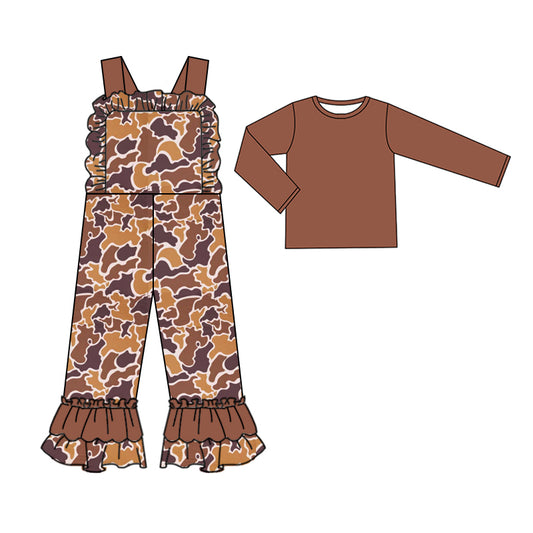 Preorder GLP2037 Solid color long sleeve camouflage yellow-brown lace strap jumpsuit set