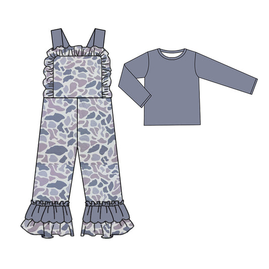 Preorder GLP2038 Solid color long sleeve camouflage gray blue lace strap jumpsuit set