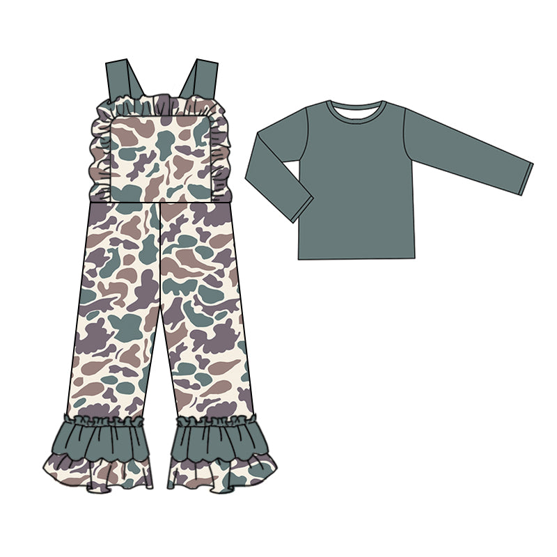 Preorder GLP2039 Solid color long sleeve camo rice green lace strap jumpsuit set