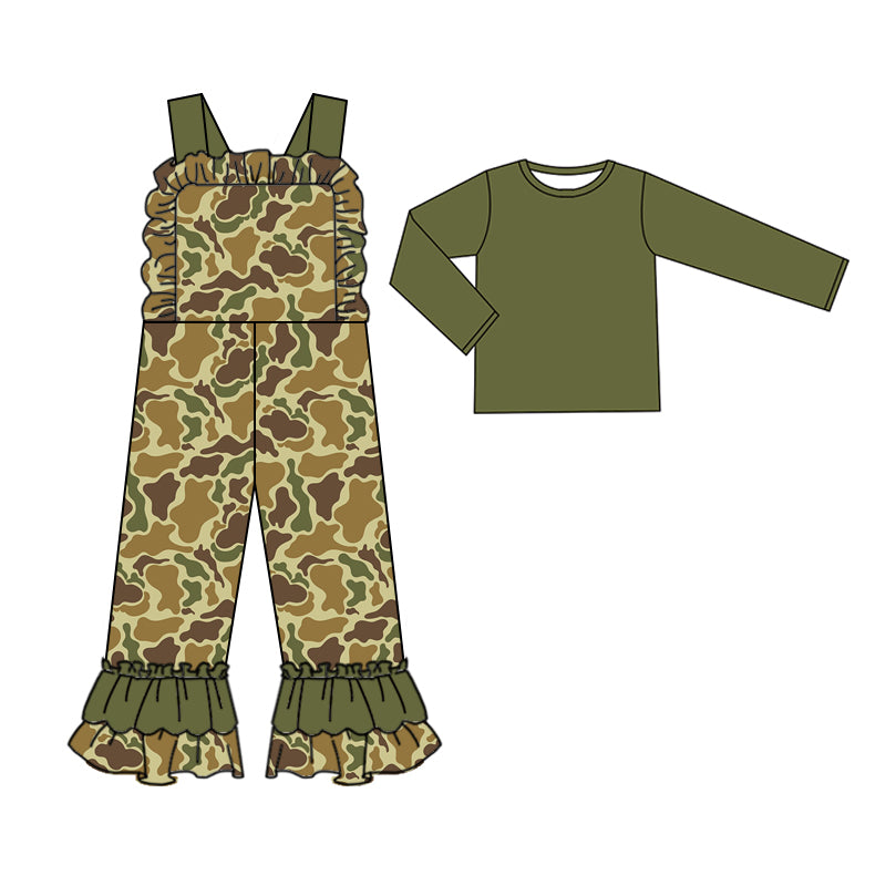 Preorder GLP2042 Solid color long sleeve camo green lace strap jumpsuit