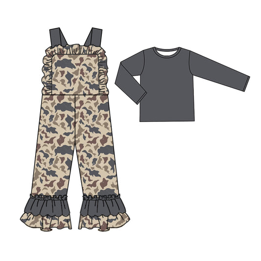 Preorder GLP2043 Solid color long sleeve camouflage gray brown lace strap jumpsuit set