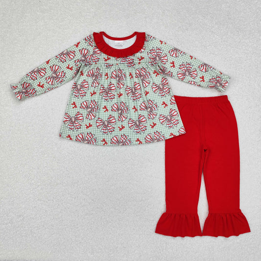 GLP2051 Christmas Bow Red Ruffle Green Plaid Long Sleeve Pants Girls Sets RTS 202509