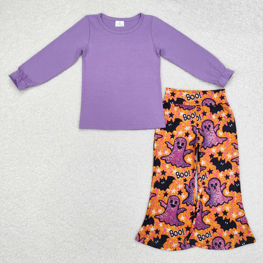 GLP2056 Purple Solid color Long Sleeve Halloween Purple Ghost Black Bat pattern Orange pantsuit