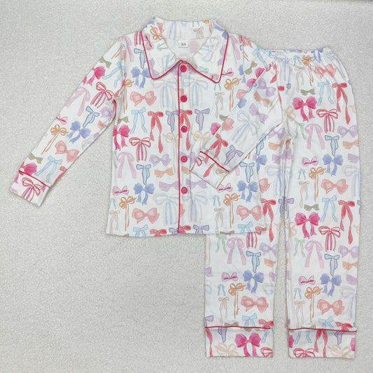 GLP2077 Adult women's colored bows pink button long sleeve pants pajamas set New arrival