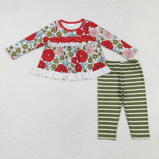 GLP2099 Flower Lace Ruffle Long Sleeve Green Stripe Pants Girls Set RTS 202510