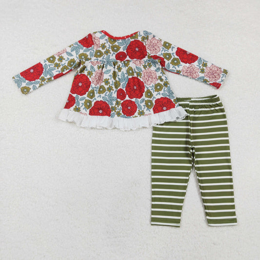 GLP2099 Flower Lace Ruffle Long Sleeve Green Stripe Pants Girls Set RTS 202510