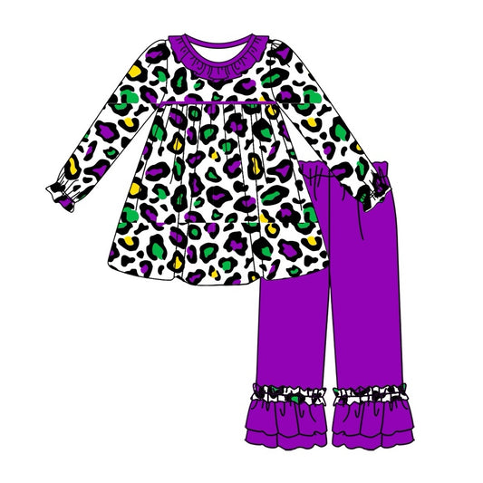 Preorder GLP2111 Mardi Gras leopard print purple lace white long sleeve pants suit