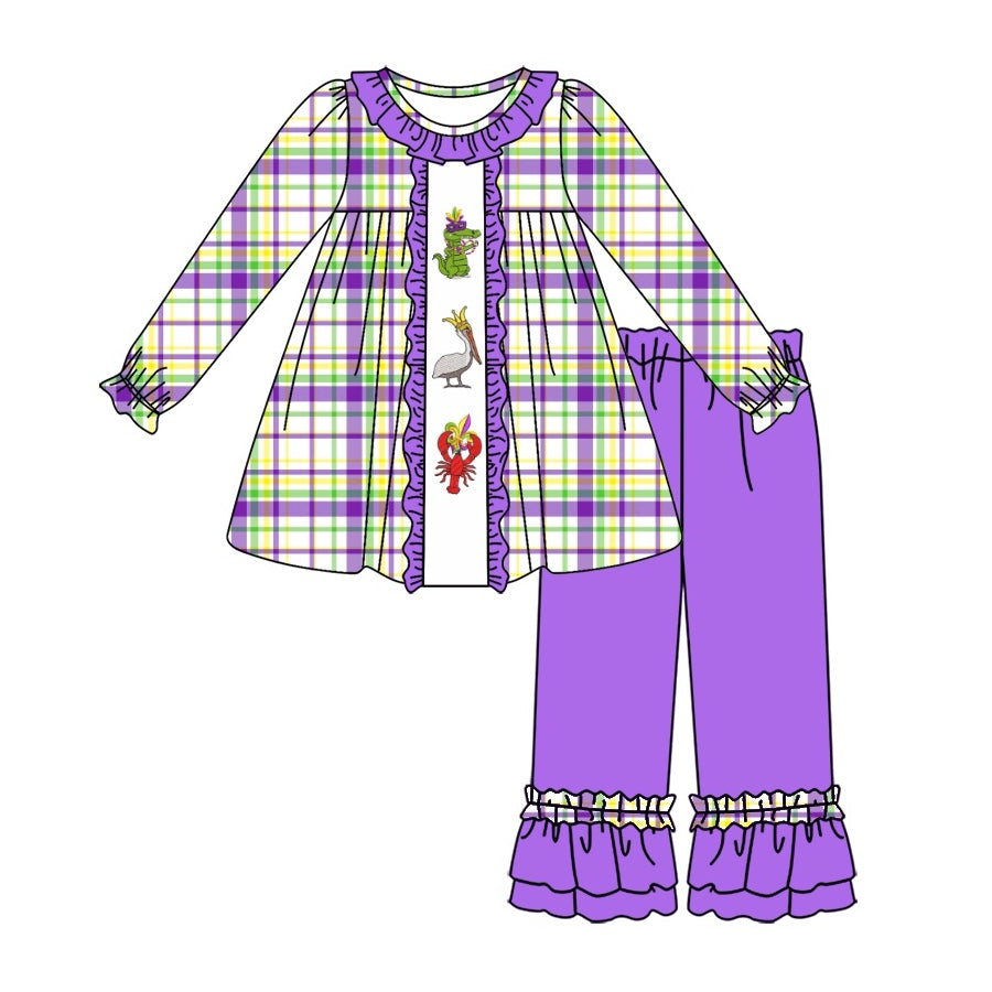 Preorder GLP2114 Mardi Gras Crocodile Bird Lobster plaid long sleeve pantsuit with purple lace