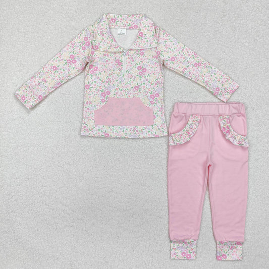 GLP2118 Girl clothing sets floral style outfits pink polo t-shirts pants sets with pocket RTS202411