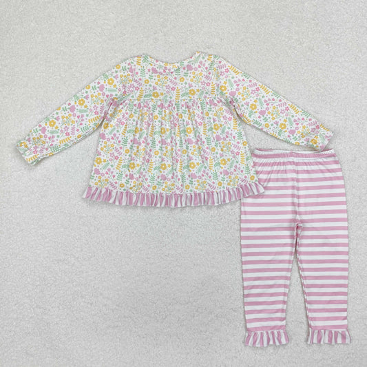 GLP2119 Floral Leaf Pink Stripe Ruffle Long-Sleeved Pants Girls Sets RTS 202510