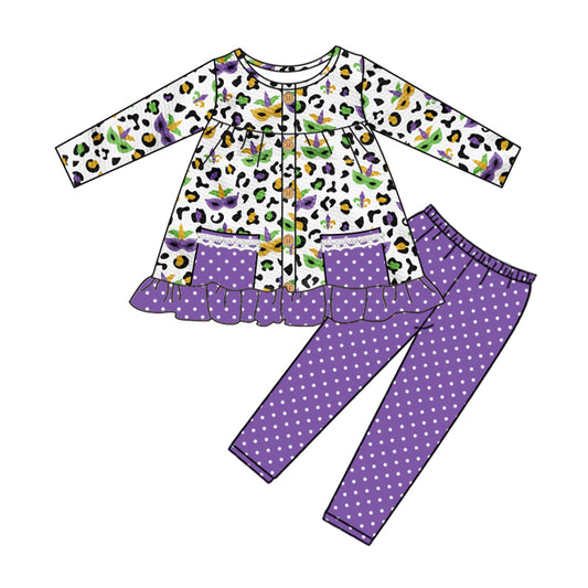 Preorder GLP2125 Mardi Gras mask leopard print polka dot purple lace pocket button long sleeve pantsuit