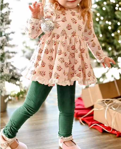 NO MOQ Preorder GLP2126 Christmas Tree Cookies Lace Ruffle Long Sleeve Green Pants Girls Sets 202510