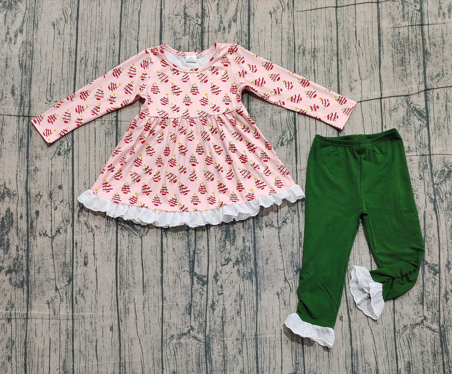 NO MOQ Preorder GLP2126 Christmas Tree Cookies Lace Ruffle Long Sleeve Green Pants Girls Sets 202510
