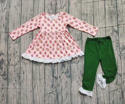 NO MOQ Preorder GLP2126 Christmas Tree Cookies Lace Ruffle Long Sleeve Green Pants Girls Sets 202510