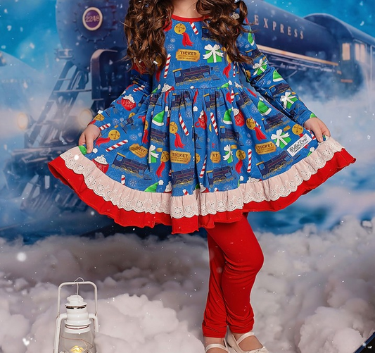 Preorder GLP2130 Christmas train gift Lace lace blue and red long sleeve pantsuit