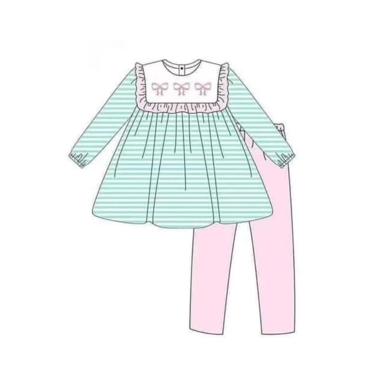 Preorder GLP2135 Bow pattern striped pink lace long sleeve pant set high quality