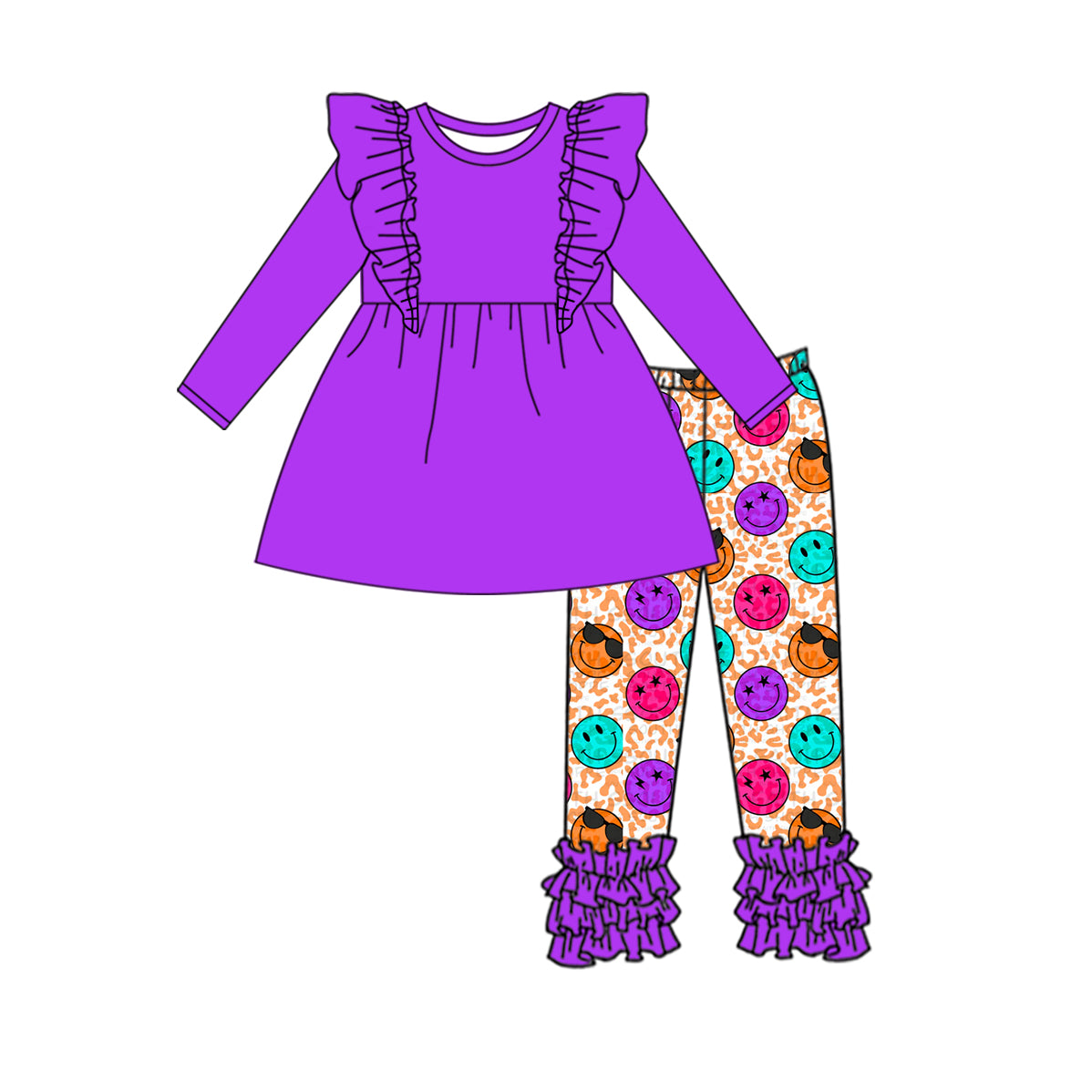 Preorder GLP2137 Solid color purple lace long sleeve smiley face leopard print pant set high quality