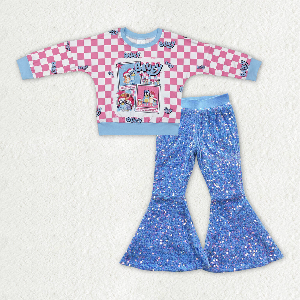 GLP2139 bluey Christmas pink and white plaid long-sleeved sky blue sequin pantsuit