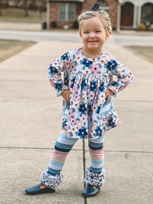 Preorder GLP2144 Pink blue long sleeve colorful striped pantsuit with flower pockets