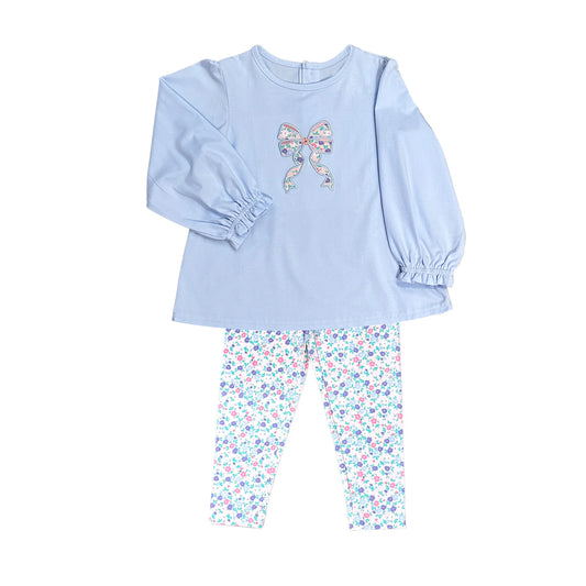 Preorder GLP2148 Blue long sleeve pants suit with floral bow pattern