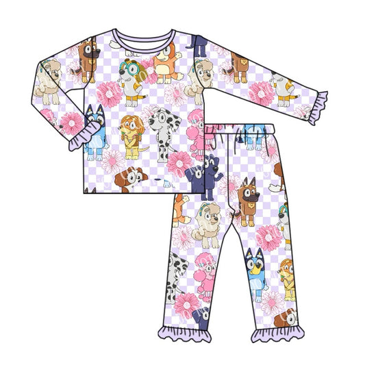 Preorder GLP2150 bluey floral purple and white plaid long sleeve pants pajamas set