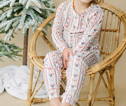 Preorder GLP2153 Christmas bow pattern striped white long sleeve pants pajamas set