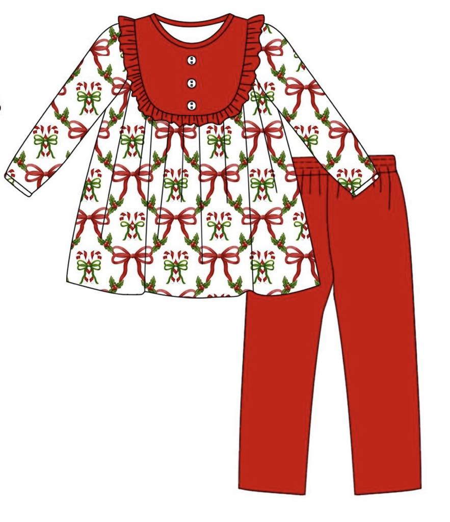 Preorder GLP2156 Christmas bow pattern Red lace white long sleeve pantsuit