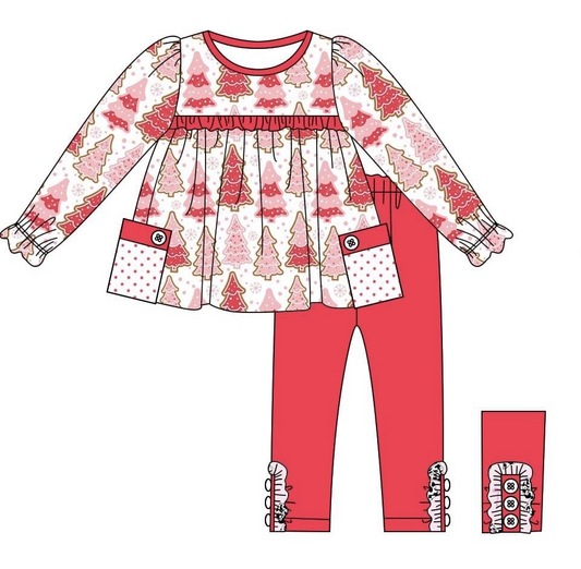 Preorder GLP2157 Christmas tree polka dot pocket Red lace White long sleeve pant suit