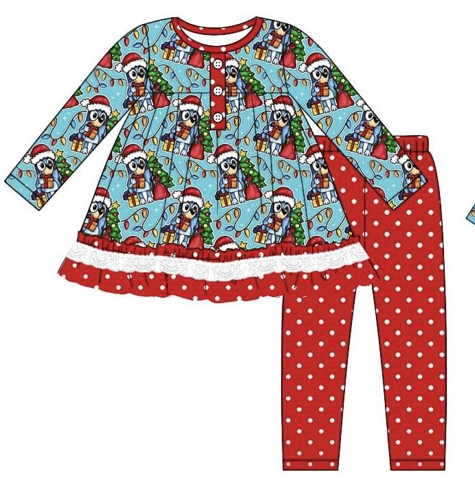 Preorder GLP2160 bluey Christmas Lights Lace Polka dot Red lace Blue long sleeve pantsuit