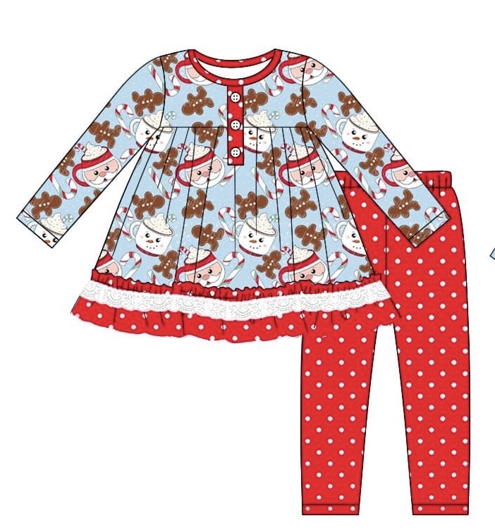 Preorder GLP2162 Santa Cup gingerbread Man Lace Polka dot Red lace Blue long sleeve pants suit