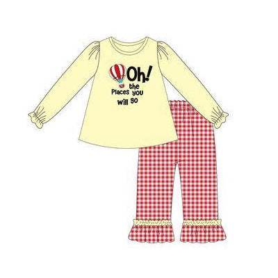 Preorder GLP2175 dr seuss oh Letter hot air Balloon Yellow Long sleeve lace red plaid pantsuit