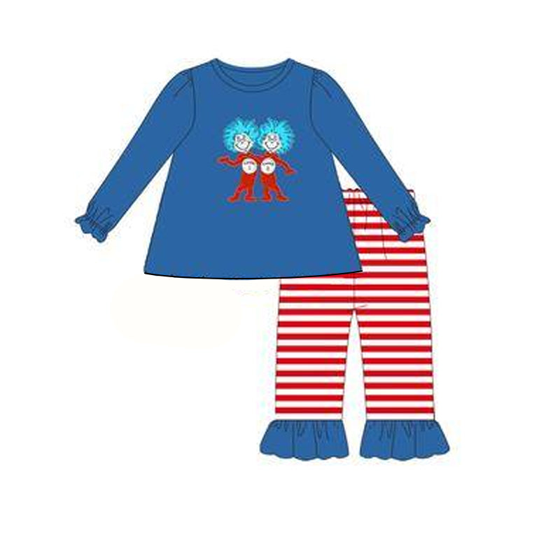 Preorder GLP2177 dr seuss blue long sleeve pants suit with red stripes and lace