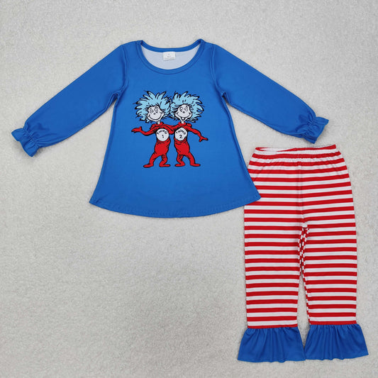 GLP2177 Blue Red Cartoon Pattern long sleeve top striped pants set Girls clothing sets summer outfit RTS 202501