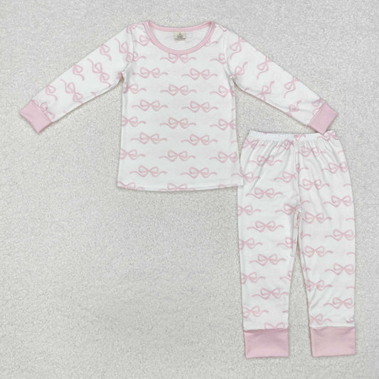 GLP2180 Bows Pattern Pink Long Sleeve Pants Bamboo Pajamas Girls Sets RTS 202509