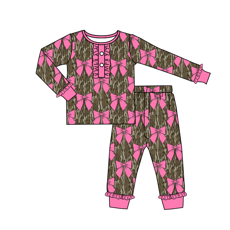 Preorder GLP2187 Rose red bow patterned lace camo long sleeve trousers pajama set