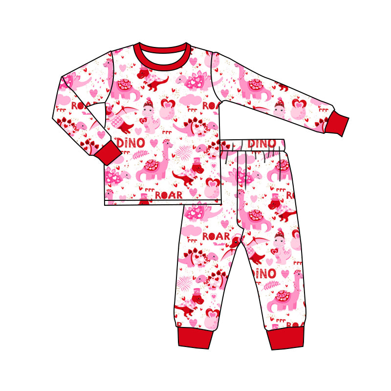 Preorder GLP2190 Valentine's Day love dinosaur red and white long sleeve pants pajamas set