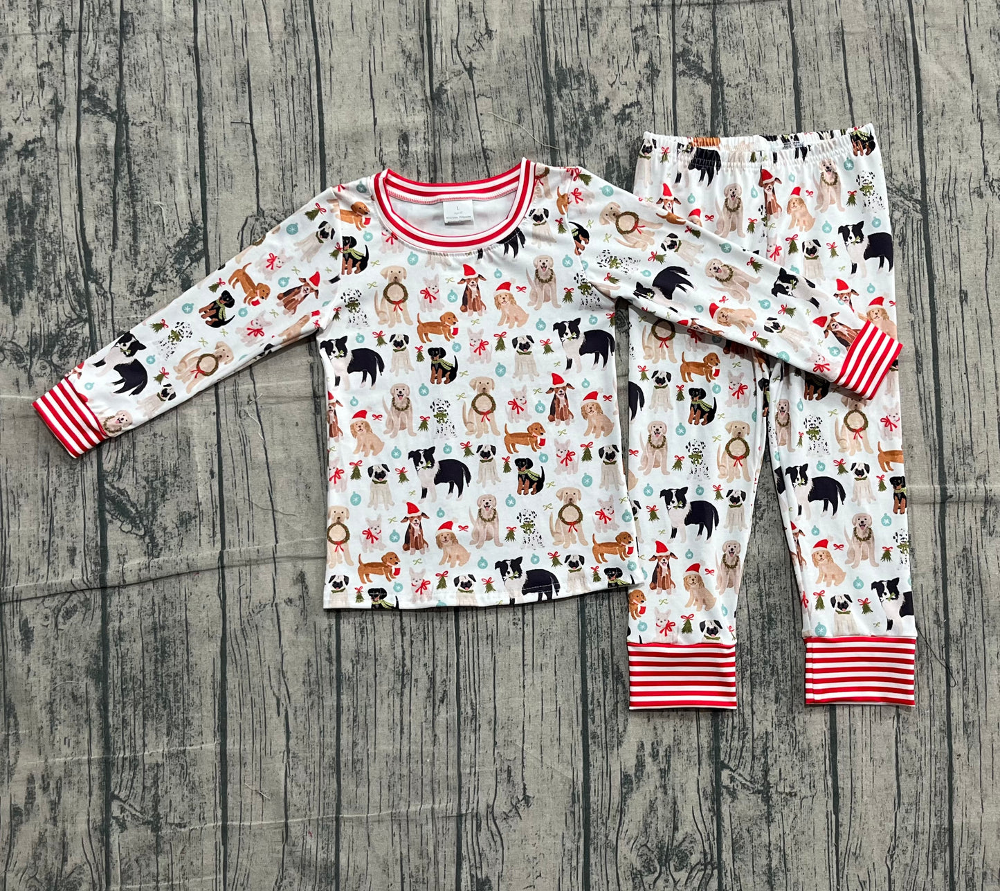 GLP2193 Christmas Puppy Bow Pink White Long Sleeve Pants Girls Pajama Set 202510 RTS