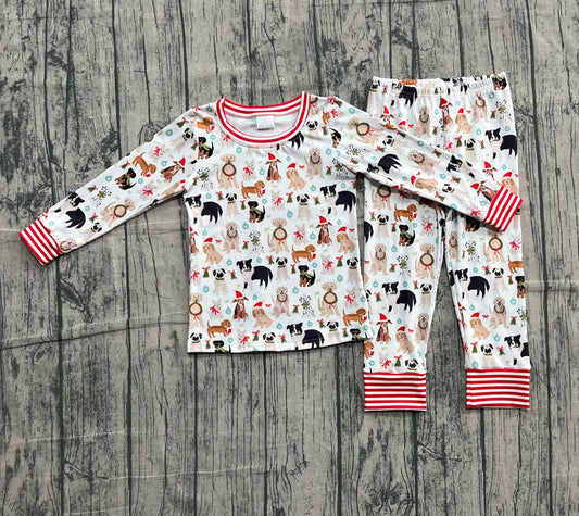 GLP2193 Christmas Puppy Bow Pink White Long Sleeve Pants Girls Pajama Set 202510 RTS