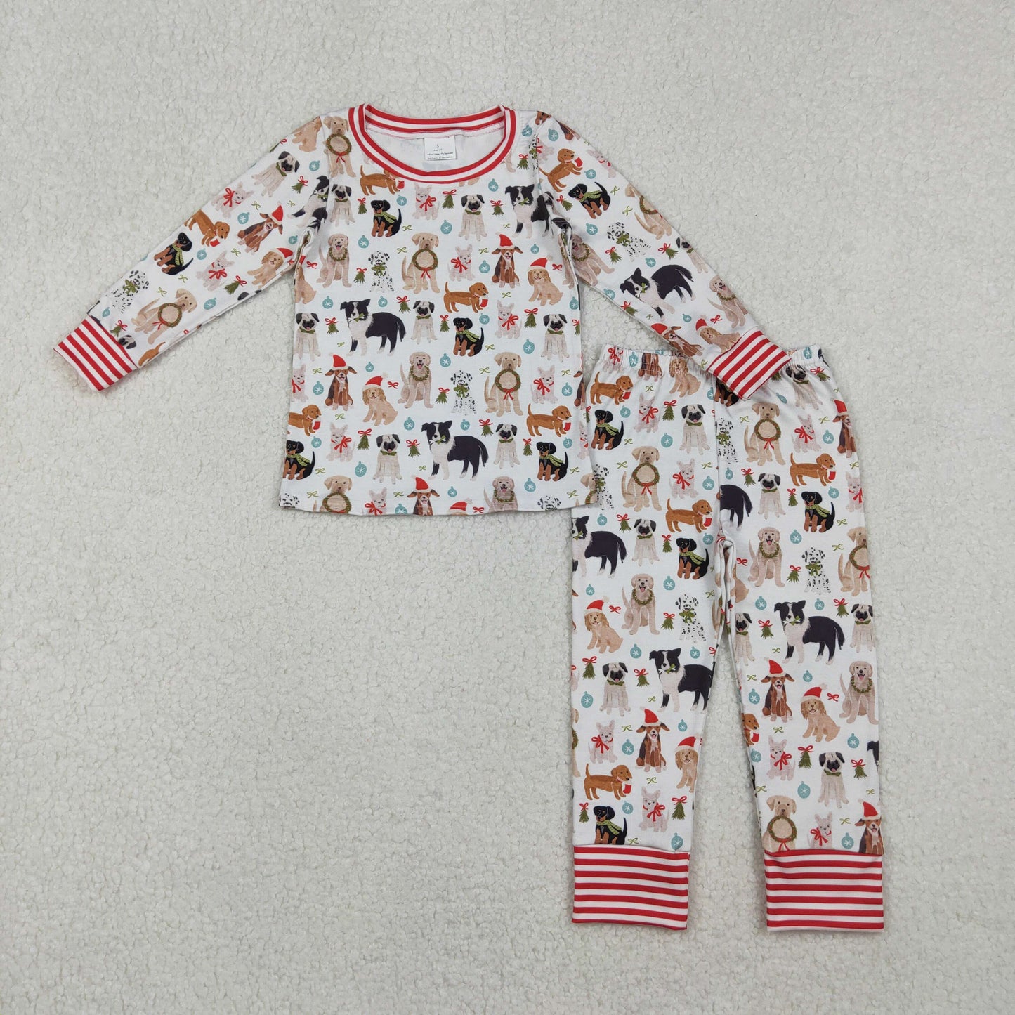 GLP2193 Christmas Puppy Bow Pink White Long Sleeve Pants Girls Pajama Set 202510 RTS