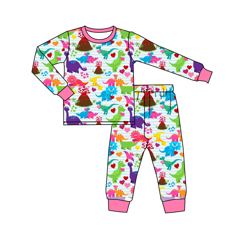 Preorder GLP2194 Valentine's Day love Dinosaur striped pink long sleeve pants pajama set