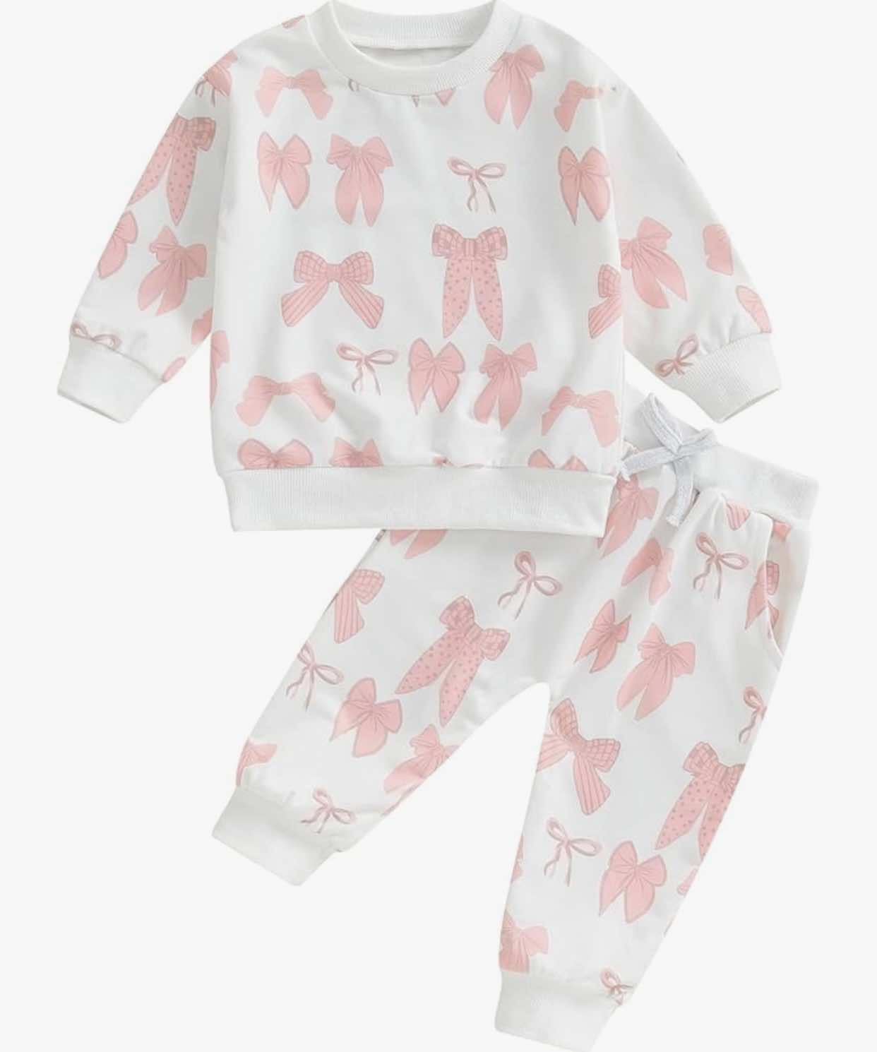 Preorder GLP2195 White long-sleeved pantsuit with pink bow pattern