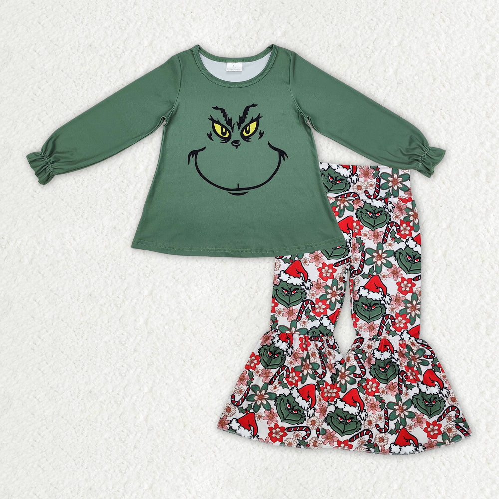 GLP2208 Cartoon Grinch Smiley Dark Green Long Sleeve Flower Bell Bottom Pants Girls Set High Quality Wholesale RTS 202509