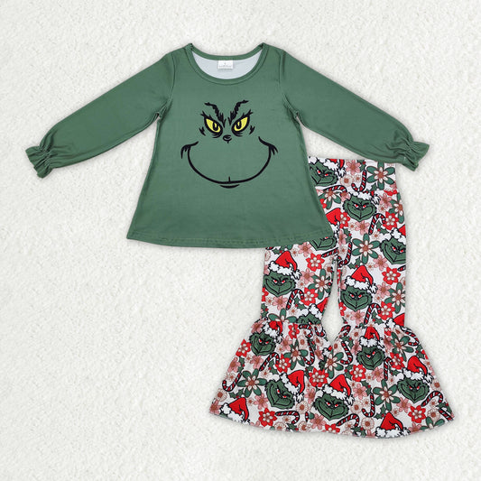 GLP2208 Cartoon Grinch Smiley Dark Green Long Sleeve Flower Bell Bottom Pants Girls Set High Quality Wholesale RTS 202509